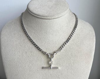 Silver T-Bar and albert clasp curb chain necklace, charm holder necklace, Multi-wear jewellery, layering jewellery