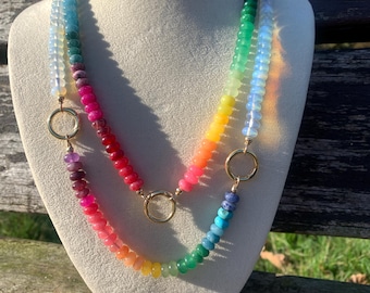 Rainbow semi precious gemstone beaded necklace with 18kt gold filled carabiner, charm necklace, beaded choker, customisable necklace
