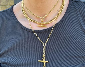 18k Gold Filled t-bar and albert clasp necklace, Vintage Style Chain Charm Holder, gifts for her
