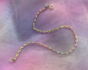 Handmade Rainbow Silk Thread Bracelet, 14k Gold Filled Chain,  jewellery gift, gifts for her
