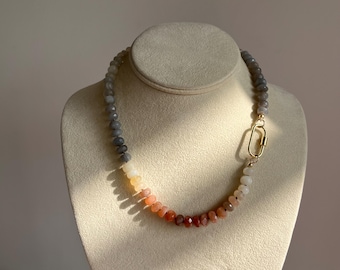 Collana con perline sfumate in pietra di luna: chiusura a moschettone in oro 18 carati, regalo di gioielleria, regali per lei
