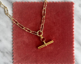 18k Gold filled paperclip Chain T bar Necklace, detachable tbar, handmade jewellery,  jewellery gift,