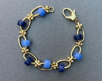 Gold filled chunky bracelet with blue lapis gemstone beads, sweetie jewellery, gifts for her, charm holder