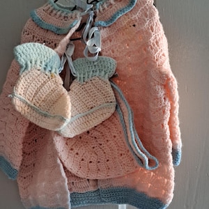 Vintage Crochet or Knitted Cardigan with Bonnet and Footsie