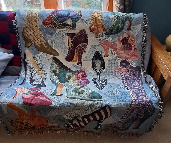 Woven Throw Blanket of Victorian Shoes Boots Afghan fringe Wall Hanging Tapestry