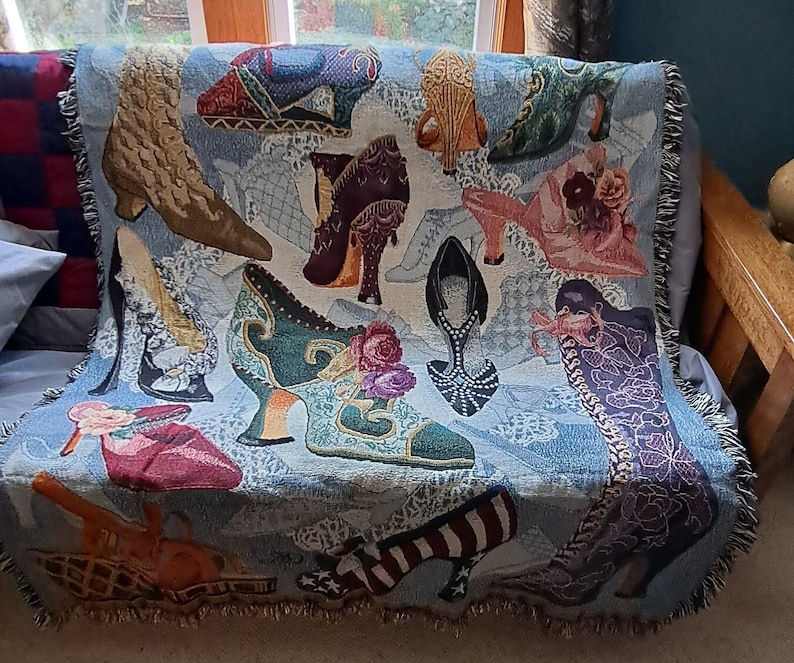 Woven Throw Blanket of Victorian Shoes Boots Afghan fringe Wall Hanging Tapestry bild 1