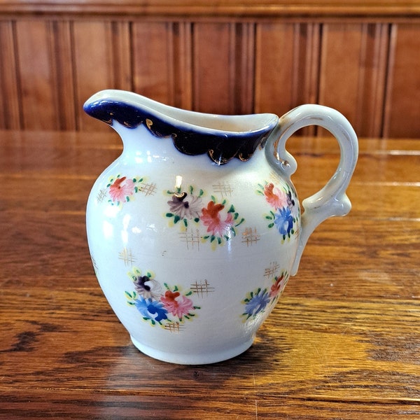 Antique China Creamer with Rare Floral Pattern, Embossed with 24 Karat Gold