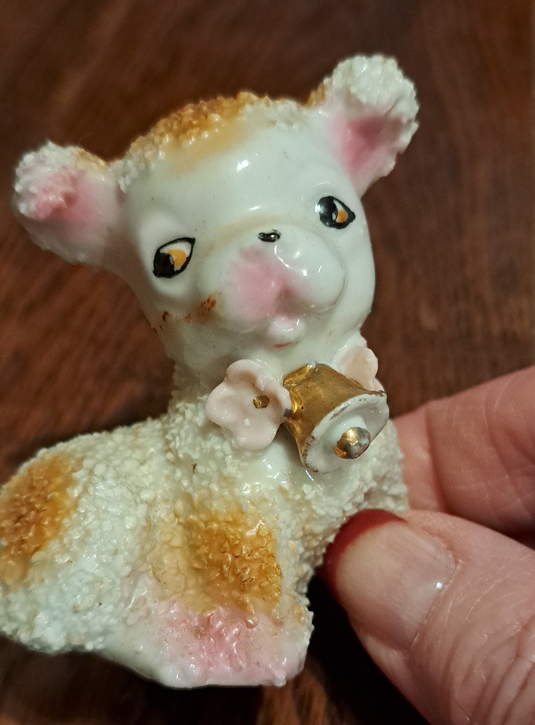 1950s Vintage Japanese Dog Figurine With Flower Collar, White Dog With