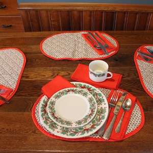 10 Piece Quilted Holiday Placemats (set of 4) with Red Cloth Napkins (set of 6),  Handmade placemats