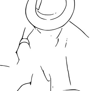 May include: A black and white line drawing of a person wearing a hat. The person is sitting down with their arms crossed.