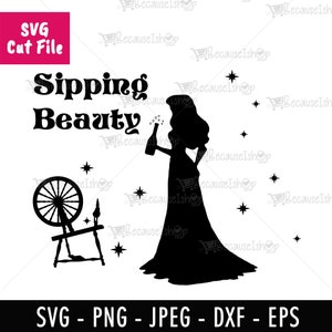 Belleza bebiendo, princesa, cuento de hadas, amante del vino, impresión, humor, arte de pared, archivo de corte descargable, archivos SVG para Cricut, PNG, DXF, archivo SVG