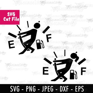 May include: Two black and white illustrations of a fuel gauge with a stick figure pushing the needle towards the 'F' for full. The first illustration shows a stick figure pushing the needle from the 'E' for empty to the 'F'. The second illustration shows a stick figure pushing the needle from the 'E' to the 'F'.