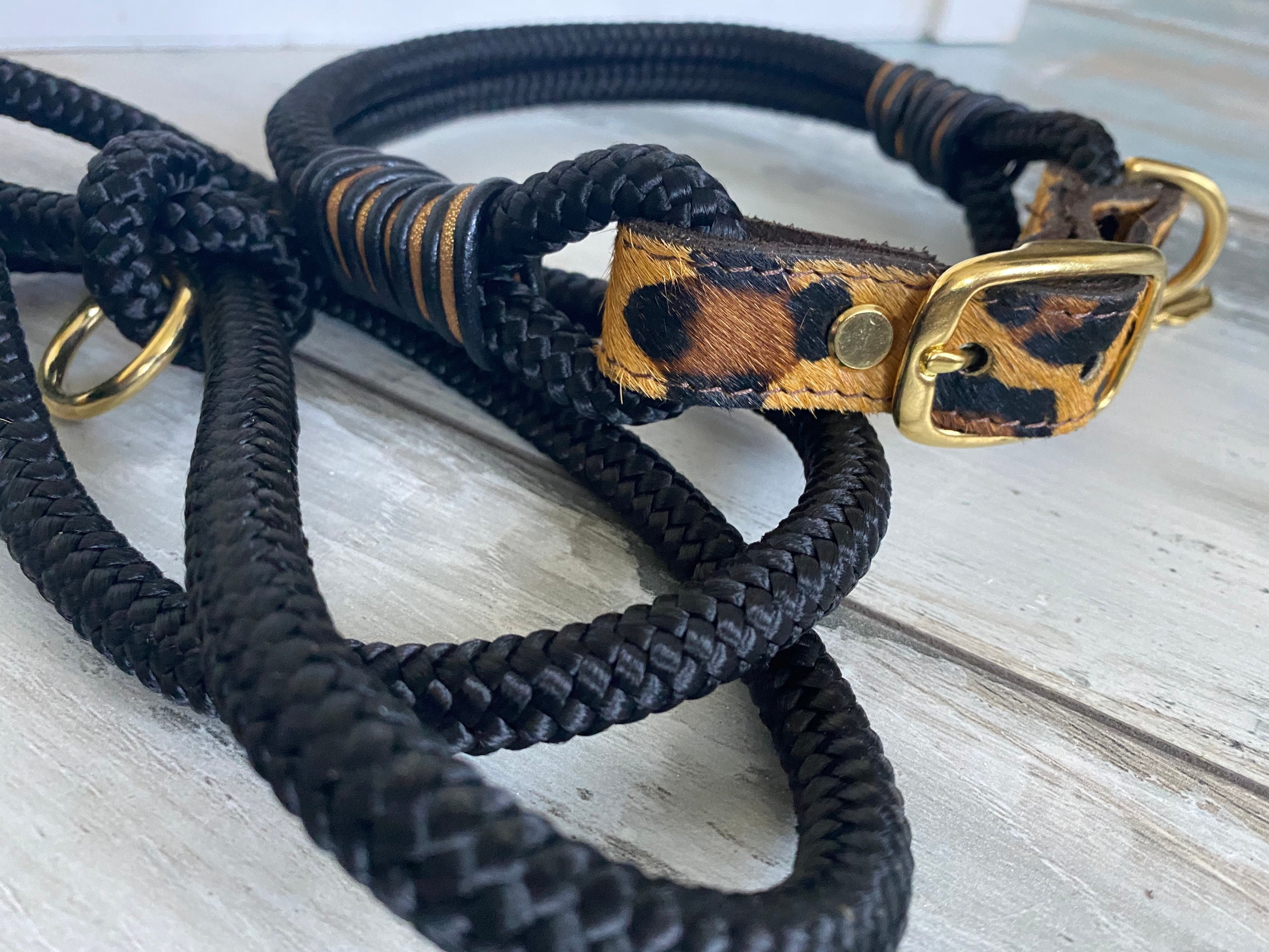 Rope and collar set black with leather Etsy