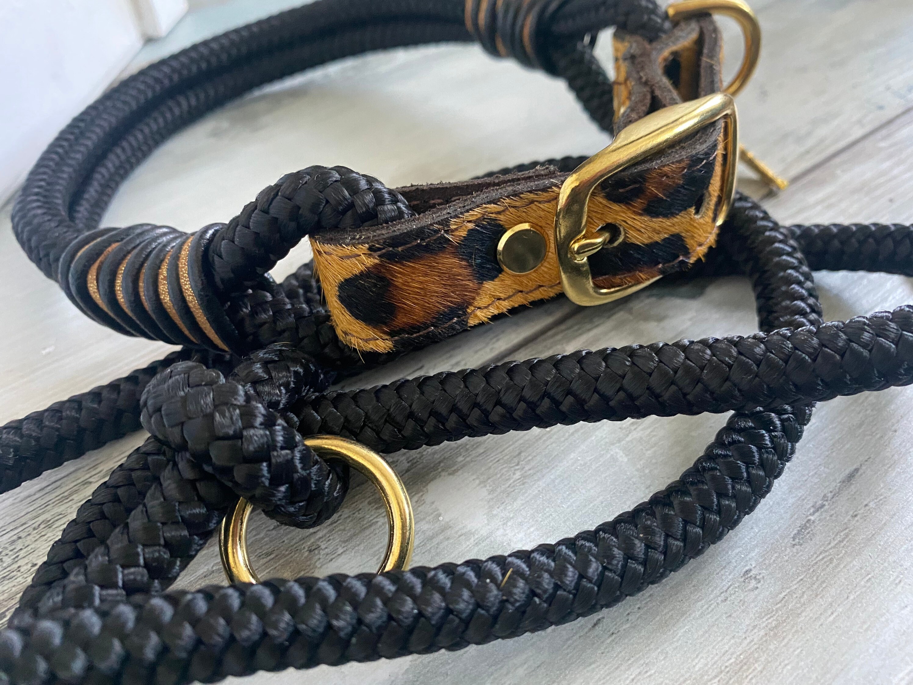 Rope and collar set black with leather Etsy