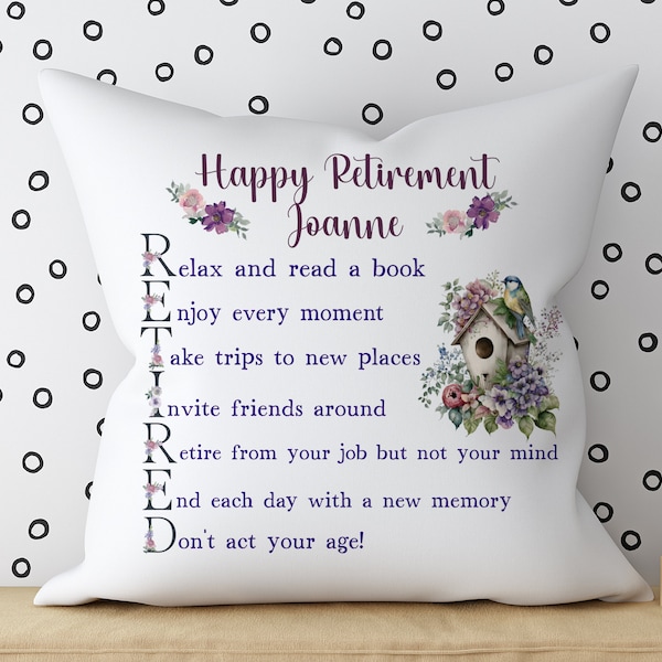 Personalised Lady's Retirement Cushion - 40 x 40 cm - Velvet Feel - Plush Inner - Retirement Gift - Floral - With Sayings - Retired Woman