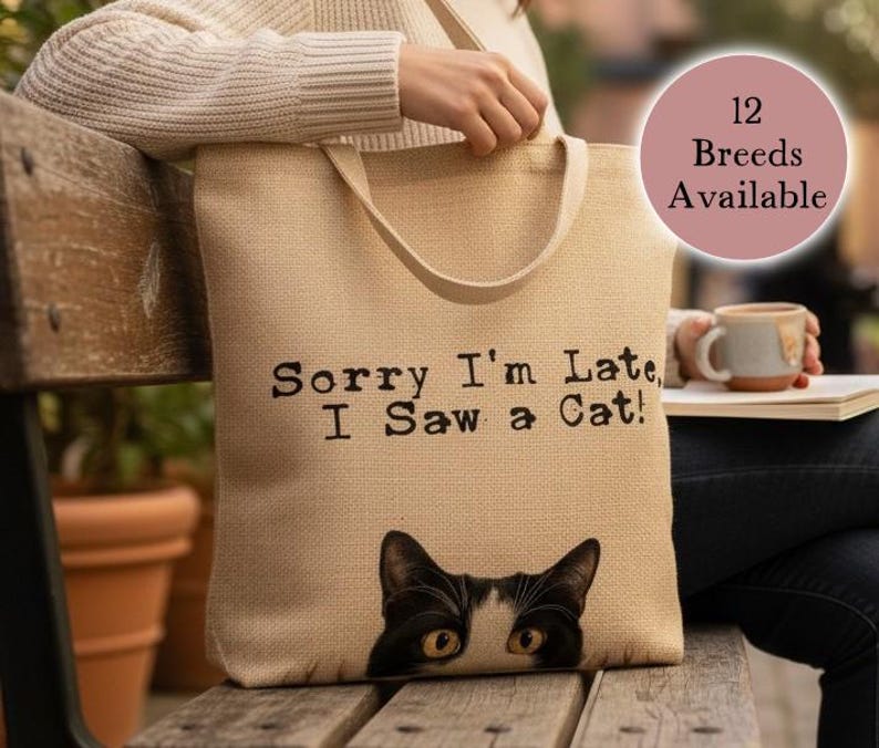 Sorry I'm Late, I Saw a Cat Burlap Tote Bag - 12 Breeds to Choose From - Bag for Cat Lovers - Peeping Cats - Cat Owner Gift - Natural Colour image 1