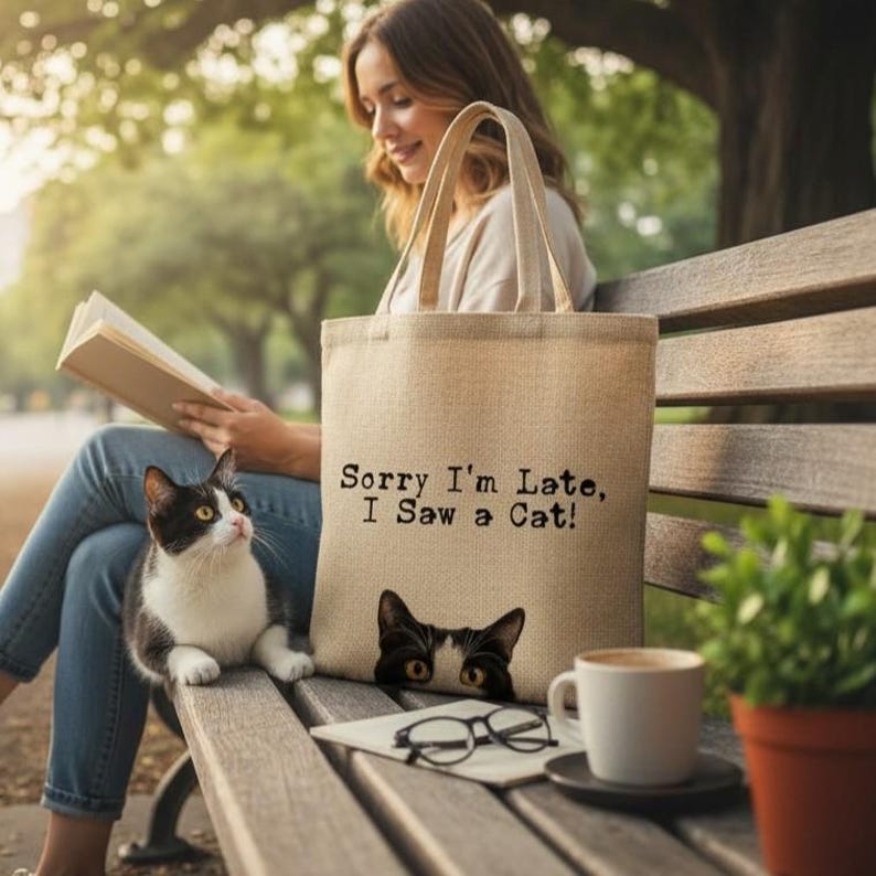 Sorry I'm Late, I Saw a Cat Burlap Tote Bag - 12 Breeds to Choose From - Bag for Cat Lovers - Peeping Cats - Cat Owner Gift - Natural Colour image 5