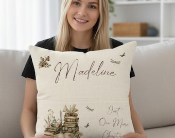 Personalised Linen Book Cushion – Floral Design, Book Lover Gift - Adults Book Pocket Pillow