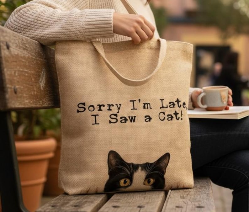 Sorry I'm Late, I Saw a Cat Burlap Tote Bag - 12 Breeds to Choose From - Bag for Cat Lovers - Peeping Cats - Cat Owner Gift - Natural Colour image 3