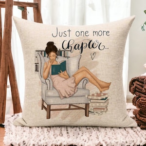 Book Lover Cushion Gift - Just One More Chapter - Pastel Colours - Cushion for Readers - Book Nerd Gift - Young Woman Reading Design - Linen