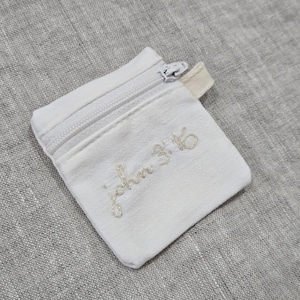 May include: A small, white zippered pouch with the embroidered text "John 3:16" in a delicate script. The pouch is made of a textured fabric and features a white zipper and a small fabric tab.
