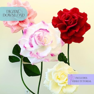 May include: A collection of large paper roses in shades of pink, white with pink edges, red, and yellow. The flowers have green stems and leaves. Text on the image reads "DIGITAL DOWNLOAD" and "INCLUDES VIDEO TUTORIAL".
