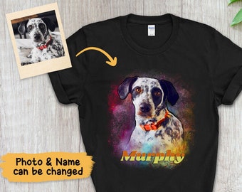 May include: Black t-shirt with a colorful, abstract design featuring a dog with black and white spots. The dog's name, "Murphy", is written in yellow letters below the image.