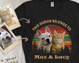 Camisa de mascota personalizada, camiseta personalizada con nombre de foto de perro, camisa de amante de gato, camisa de mascota divertida retro vintage, este ser humano pertenece a