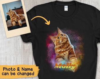 Personalized Watercolor Cat Portrait,Space Watercolor Pet Portrait,Personalized cat Shirt,Pet T-shirt,custom cat shirts,Cat art