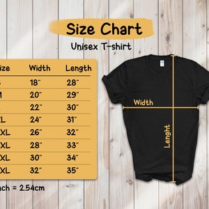 May include: A black unisex t-shirt with a size chart. The chart displays sizes S to 5XL, with corresponding width and length measurements in inches. The text "Size Chart" and "Unisex T-shirt" are also visible.