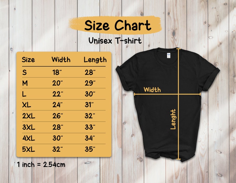 May include: A black unisex t-shirt with a size chart. The chart displays sizes S to 5XL, with corresponding width and length measurements in inches. The text "Size Chart" and "Unisex T-shirt" are also visible.
