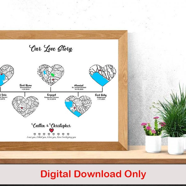 Custom Our Love Story Map Timeline - Personalized Anniversary Engagement & Valentine's Day Gift Map -Special Dates Map Art Digital Download