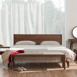 Modern bed, mid-century modern bed, ALIA bed frame, solid walnut bed frame, queen bed frame, and walnut bed frame with headboard