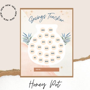 Puede incluir: Un rastreador de ahorros imprimible con un diseño de tarro de miel. El rastreador tiene un fondo rosa claro con hojas de acuarela azules y verdes. El tarro de miel está lleno de círculos que tienen diferentes cantidades de dólares escritas en su interior. El texto "Savings Tracker" está escrito en la parte superior de la página y "Honey Pot Savings Tracker" está escrito en la parte inferior de la página. Hay un espacio en blanco para un monto de objetivo.