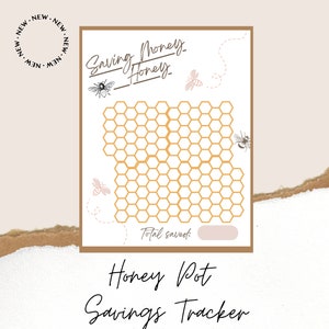 Könnte beinhalten: Ein druckbarer Honigtopf-Sparplan mit einem Wabenmuster und Bienenillustrationen. Der Plan enthält einen Bereich, um die Gesamteinsparungen zu erfassen.