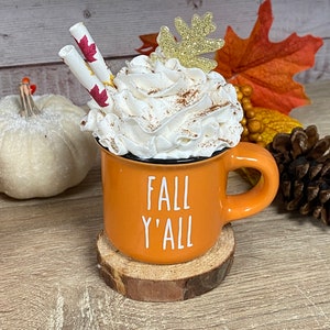 Fall Y’all • Rae Dunn Inspired Orange Mini Mug and Faux Whipped Mug Topper • Fall / Autumn Decoration • Kitchen and Tiered Tray Decor