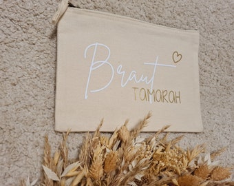 Personalisierte Kosmetiktasche beige/schwarz für die Braut + Namen | Baumwolle | Braut Geschenk zur Hochzeit | Trauzeugin, Maid of Honor etc