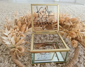 Gepersonaliseerde glazen ringdoos met spiegel | Ringdoosje voor de bruiloft in goud met uw gewenste naam