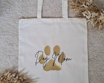 Beiger Jutebeutel mit der Aufschrift Dog Mom/Cat Mom in gold/schwarz | Weihnachtsgeschenk/Geburtstagsgeschenk