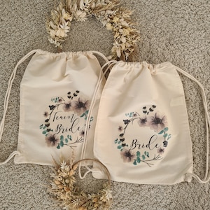JGA Beutel/Rucksack personalisiert Bride/Team Bride Blumenkranz Boho Stil für Junggesellinnenabschied Hochzeit