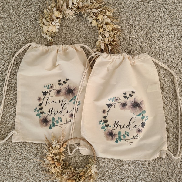 JGA Beutel/Rucksack personalisiert Bride/Team Bride Blumenkranz Boho Stil für Junggesellinnenabschied Hochzeit