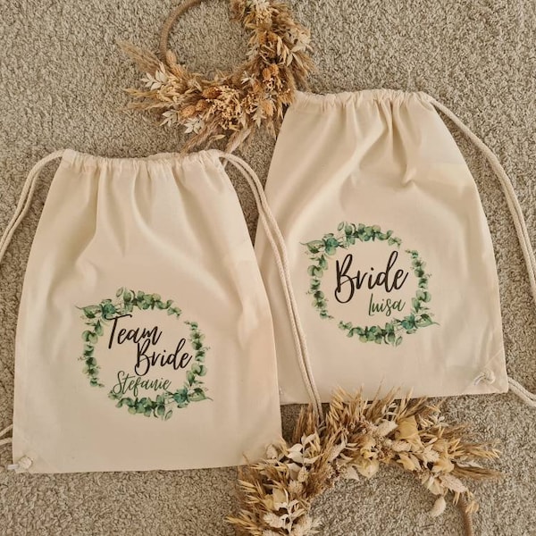 Personalisierter Rucksack mit Eukalyptus Aquarell Kranz im Boho Stil mit deinem Wunschtext | JGA Bride/Team Bride Beutel