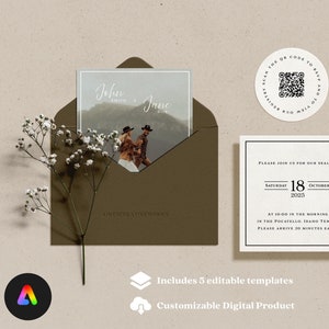 May include: A digital wedding invitation template with a rustic theme. The invitation features a photo of a couple in front of a mountain landscape. The text on the invitation reads "John & Jane Doe" and includes the date and time of the wedding. The invitation also includes a QR code for RSVP.