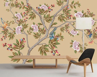 Chinoiserie pintado seda Flores de Sakura Botánico extraíble Arte mural japonés Flores mural impresiones murales Peel & stick Papel pintado Art deco