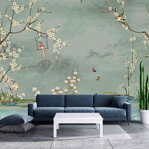 Japanese print Chinoiserie painted silk Sakura blossoms Botanical removable Flowers wall mural prints Peel & stick Art deco wallpaper