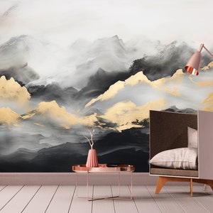 Carta da parati extra large con montagne, murale astratto staccabile e attaccabile, murale fotografico autoadesivo grigio oro, decalcomania da parete per camera da letto