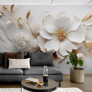 White Flower Wall Mural: 3D Effect Peel and Stick Wallpaper