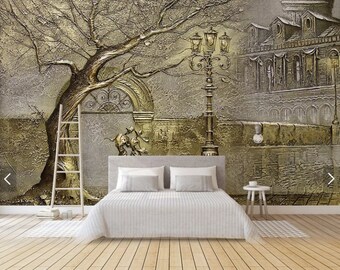 Vintage  wallpaper art print Peel and stick wall mural Geometric wallpaper home decor Vinyl wall sticker temporary wall covering