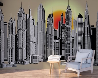 Cityscape peel and stick wall mural, self adhesive canvas city architecture wallpaper, temporary vinyl wall decal, accentual wallpaper