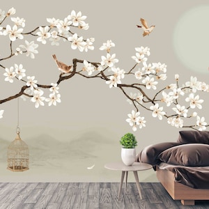 Sakura blossoms Japanese wall art Flowers wallpaper Peel&stick wallpaper Asian wall art Botanical removable wallpaper Chinoiserie wallpaper